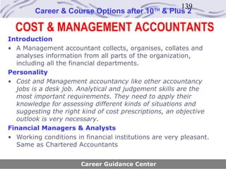 139
        Career & Course Options after 10       TH
                                                    & Plus 2

  COST & MANAGEMENT ACCOUNTANTS
Introduction
• A Management accountant collects, organises, collates and
  analyses information from all parts of the organization,
  including all the financial departments.
Personality
• Cost and Management accountancy like other accountancy
  jobs is a desk job. Analytical and judgement skills are the
  most important requirements. They need to apply their
  knowledge for assessing different kinds of situations and
  suggesting the right kind of cost prescriptions, an objective
  outlook is very necessary.
Financial Managers & Analysts
• Working conditions in financial institutions are very pleasant.
  Same as Chartered Accountants


                       Career Guidance Center
 