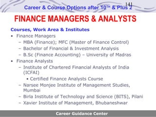 141
      Career & Course Options after 10      TH
                                                 & Plus 2

 FINANCE MANAGERS & ANALYSTS
Courses, Work Area & Institutes
• Finance Managers
   – MBA (Finance); MFC (Master of Finance Control)
   – Bachelor of Financial & Investment Analysis
   – B.Sc (Finance Accounting) – University of Madras
• Finance Analysts
   – Institute of Chartered Financial Analysts of India
     (ICFAI)
       • Certified Finance Analysts Course
   – Narsee Monjee Institute of Management Studies,
     Mumbai
   – Birla Institute of Technology and Science (BITS), Pilani
   – Xavier Institute of Management, Bhubaneshwar

                    Career Guidance Center
 