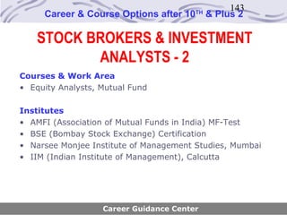 143
     Career & Course Options after 10   TH
                                             & Plus 2

    STOCK BROKERS & INVESTMENT
           ANALYSTS - 2
Courses & Work Area
• Equity Analysts, Mutual Fund

Institutes
• AMFI (Association of Mutual Funds in India) MF-Test
• BSE (Bombay Stock Exchange) Certification
• Narsee Monjee Institute of Management Studies, Mumbai
• IIM (Indian Institute of Management), Calcutta




                   Career Guidance Center
 