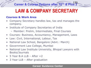 150
      Career & Course Options after 10    TH
                                               & Plus 2

       LAW & COMPANY SECRETARY
Courses & Work Area
• Company Secretary handles law, tax and manages the
  company.
• Institute of Company Secretaries of India
   – Member: Prelim, Intermediate, Final Courses
• Courses: Business, Accountancy, Management, Laws
• Law: Civil, International, Labour, Tax
• National Law School, Bangalore (Advt.: March)
• Government Law College, Mumbai
• National Law Institute University, Bhopal Lawyers with
  Books/Journals
• 5 Year B.A LLB – After +2
• 3 Year LLB – After graduation

                    Career Guidance Center
 