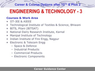 17
      Career & Course Options after 10     TH
                                                & Plus 2

  ENGINEERING & TECHNOLOGY - 3
Courses & Work Area
• IIT-JEE & AIEEE
• Technological Institute of Textiles & Science, Bhiwani
• BITS, Pilani (BITSAT)
• National Dairy Research Institute, Karnal
• Manipal Institute of Technology
• Indian Institute of Fire Engg, Nagpur
• Electronic & Telecom Engg
   – Space & Defence
   – Industrial Products
   – Commercial Products
   – Electronic Components



                    Career Guidance Center
 