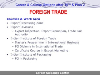 170
      Career & Course Options after 10    TH
                                               & Plus 2

               FOREIGN TRADE
Courses & Work Area
• Export Processing Zone
• Export Divisions
   – Export Inspection, Export Promotion, Trade Fair
     Authority
• Indian Institute of Foreign Trade
   – Master’s Programme in International Business
   – PG Diploma in International Trade
   – Certificate Course in Export Marketing
• Indian Institute of Packaging
   – PG in Packaging




                    Career Guidance Center
 
