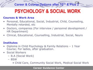 174
        Career & Course Options after 10     TH
                                                  & Plus 2

        PSYCHOLOGY & SOCIAL WORK
Courses & Work Area
• Personal, Educational, Social, Industrial, Child, Counseling,
  Mentally retarded, etc
• Doctors, companies (For interview / personnel development /
  HR Department)
• Clinical, Educational, Counselling, Industrial, Social, Neuro

Institutes
• Diploma in Child Psychology & Family Relations – 1 Year
  Course; For ladies, after graduation.
• Social Workers
   – B.A (Social Work)
   – BSW
       • Child Care, Community Social Work, Medical Social Work
                      Career Guidance Center
 