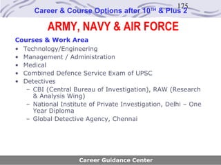 175
      Career & Course Options after 10      TH
                                                 & Plus 2

          ARMY, NAVY & AIR FORCE
Courses & Work Area
• Technology/Engineering
• Management / Administration
• Medical
• Combined Defence Service Exam of UPSC
• Detectives
   – CBI (Central Bureau of Investigation), RAW (Research
     & Analysis Wing)
   – National Institute of Private Investigation, Delhi – One
     Year Diploma
   – Global Detective Agency, Chennai




                     Career Guidance Center
 