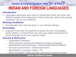 183
         Career & Course Options after 10           TH
                                                         & Plus 2
      INDIAN AND FOREIGN LANGUAGES
Introduction
• Languages specialists who work as interpreters meet and work with
   different people from diplomatic circles to tourists, hence the working
   conditions can be very different.
Working Conditions
• Considerable time may be spent in very formal settings.
Personality
• Linguists must have the aptitude to grasp the use of languages.
   Verbal ability is nurtured from an early age stage and proficiency
   comes through correct and regular usage.
Courses & Work Area
    – Interpreter/Translator
    – CIEFL (Central Institute of English & Foreign Language),
       Hyderabad/Lucknow/Shilong - Diploma/Bachelor/Certificate
    – Translate government / official documents
    – Newspapers / journals / Radio / TV
    – Book translators: Staff selection commission conducts exam
                           Career Guidance Center
 