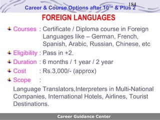 184
    Career & Course Options after 10   TH
                                            & Plus 2

          FOREIGN LANGUAGES
Courses : Certificate / Diploma course in Foreign
              Languages like – German, French,
              Spanish, Arabic, Russian, Chinese, etc
Eligibility : Pass in +2.
Duration : 6 months / 1 year / 2 year
Cost        : Rs.3,000/- (approx)
Scope :
Language Translators,Interpreters in Multi-National
Companies, International Hotels, Airlines, Tourist
Destinations.
                Career Guidance Center
 