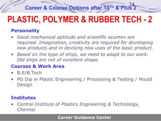 24
      Career & Course Options after 10     TH
                                                & Plus 2

PLASTIC, POLYMER & RUBBER TECH - 2
Personality
• Good mechanical aptitude and scientific acumen are
  required. Imagination, creativity are required for developing
  new products and in devising new uses of the basic product.
• Based on the type of ships, we need to adapt to our work.
  Old ships are not of excellent shape.
Courses & Work Area
• B.E/B.Tech
• PG Dip in Plastic Engineering / Processing & Testing / Mould
  Design

Institutes
• Central Institute of Plastics Engineering & Technology,
  Chennai
                    Career Guidance Center
 