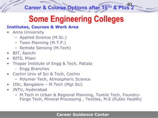 40
        Career & Course Options after 10          TH
                                                       & Plus 2

           Some Engineering Colleges
Institutes, Courses & Work Area
• Anna University
   – Applied Science (M.Sc.)
   – Town Planning (M.T.P.)
   – Remote Sensing (M.Tech)
• BIT, Ranchi
• BITS, Pilani
• Thapar Institute of Engg & Tech, Patiala
   – Engg Branches
• Cochin Univ of Sci & Tech, Cochin
   – Polymer Tech, Atmospheric Science
• IISc, Bangalore – M.Tech (Mgt Sci)
• JNTU, Hyderabad
   – M.Tech in Urban & Regional Planning, Textile Tech, Foundry-
      Forge Tech, Mineral Processing , Textiles, M.E (Public Health)


                         Career Guidance Center
 