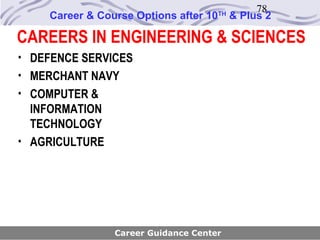 78
    Career & Course Options after 10   TH
                                            & Plus 2

CAREERS IN ENGINEERING & SCIENCES
• DEFENCE SERVICES
• MERCHANT NAVY
• COMPUTER &
  INFORMATION
  TECHNOLOGY
• AGRICULTURE




                Career Guidance Center
 