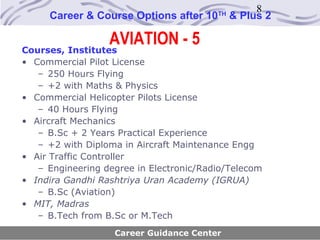 8
     Career & Course Options after 10    TH
                                              & Plus 2

                  AVIATION - 5
Courses, Institutes
• Commercial Pilot License
   – 250 Hours Flying
   – +2 with Maths & Physics
• Commercial Helicopter Pilots License
   – 40 Hours Flying
• Aircraft Mechanics
   – B.Sc + 2 Years Practical Experience
   – +2 with Diploma in Aircraft Maintenance Engg
• Air Traffic Controller
   – Engineering degree in Electronic/Radio/Telecom
• Indira Gandhi Rashtriya Uran Academy (IGRUA)
   – B.Sc (Aviation)
• MIT, Madras
   – B.Tech from B.Sc or M.Tech
                   Career Guidance Center
 
