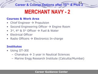 83
     Career & Course Options after 10    TH
                                              & Plus 2

            MERCHANT NAVY - 2
Courses & Work Area
• Chief Engineer  Propulsion
• Second Engineering Officer  Engine Room
• 3rd, 4th & 5th Officer  Fuel & Water
• Electrical Officer
• Radio Officers  Electronics In-charge

Institutes
• Using IIT-JEE
   – Chanakya  3 year in Nautical Sciences
   – Marine Engg Research Institute (Calcutta/Mumbai)



                   Career Guidance Center
 