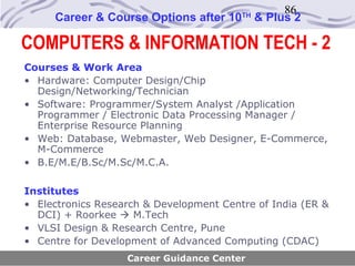 86
     Career & Course Options after 10    TH
                                              & Plus 2

COMPUTERS & INFORMATION TECH - 2
Courses & Work Area
• Hardware: Computer Design/Chip
  Design/Networking/Technician
• Software: Programmer/System Analyst /Application
  Programmer / Electronic Data Processing Manager /
  Enterprise Resource Planning
• Web: Database, Webmaster, Web Designer, E-Commerce,
  M-Commerce
• B.E/M.E/B.Sc/M.Sc/M.C.A.

Institutes
• Electronics Research & Development Centre of India (ER &
  DCI) + Roorkee  M.Tech
• VLSI Design & Research Centre, Pune
• Centre for Development of Advanced Computing (CDAC)
                   Career Guidance Center
 