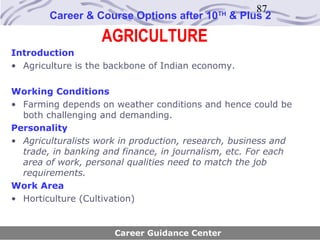 87
        Career & Course Options after 10    TH
                                                 & Plus 2

                   AGRICULTURE
Introduction
• Agriculture is the backbone of Indian economy.

Working Conditions
• Farming depends on weather conditions and hence could be
  both challenging and demanding.
Personality
• Agriculturalists work in production, research, business and
  trade, in banking and finance, in journalism, etc. For each
  area of work, personal qualities need to match the job
  requirements.
Work Area
• Horticulture (Cultivation)


                      Career Guidance Center
 