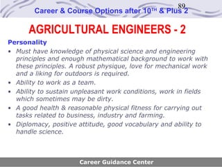 89
        Career & Course Options after 10     TH
                                                  & Plus 2

      AGRICULTURAL ENGINEERS - 2
Personality
• Must have knowledge of physical science and engineering
  principles and enough mathematical background to work with
  these principles. A robust physique, love for mechanical work
  and a liking for outdoors is required.
• Ability to work as a team.
• Ability to sustain unpleasant work conditions, work in fields
  which sometimes may be dirty.
• A good health & reasonable physical fitness for carrying out
  tasks related to business, industry and farming.
• Diplomacy, positive attitude, good vocabulary and ability to
  handle science.



                      Career Guidance Center
 