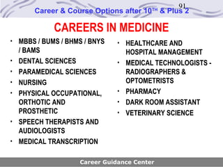 91
        Career & Course Options after 10   TH
                                                & Plus 2

             CAREERS IN MEDICINE
• MBBS / BUMS / BHMS / BNYS    • HEALTHCARE AND
    / BAMS                         HOSPITAL MANAGEMENT
•   DENTAL SCIENCES            •   MEDICAL TECHNOLOGISTS -
•   PARAMEDICAL SCIENCES           RADIOGRAPHERS &
•   NURSING                        OPTOMETRISTS
•   PHYSICAL OCCUPATIONAL,     •   PHARMACY
    ORTHOTIC AND               •   DARK ROOM ASSISTANT
    PROSTHETIC                 •   VETERINARY SCIENCE
•   SPEECH THERAPISTS AND
    AUDIOLOGISTS
•   MEDICAL TRANSCRIPTION

                    Career Guidance Center
 