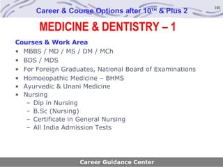 MEDICINE & DENTISTRY – 1 Career & Course Options after 10 TH  & Plus 2 Courses & Work Area MBBS / MD / MS / DM / MCh BDS / MDS For Foreign Graduates, National Board of Examinations Homoeopathic Medicine – BHMS Ayurvedic & Unani Medicine Nursing Dip in Nursing B.Sc (Nursing) Certificate in General Nursing All India Admission Tests Career Guidance Center 