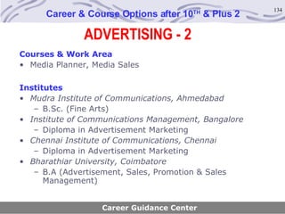 ADVERTISING - 2 Career & Course Options after 10 TH  & Plus 2 Courses & Work Area Media Planner, Media Sales Institutes Mudra Institute of Communications, Ahmedabad B.Sc. (Fine Arts) Institute of Communications Management, Bangalore Diploma in Advertisement Marketing Chennai Institute of Communications, Chennai Diploma in Advertisement Marketing Bharathiar University, Coimbatore B.A (Advertisement, Sales, Promotion & Sales Management) Career Guidance Center 
