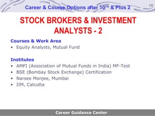 STOCK BROKERS & INVESTMENT ANALYSTS - 2 Career & Course Options after 10 TH  & Plus 2 Courses & Work Area Equity Analysts, Mutual Fund Institutes AMFI (Association of Mutual Funds in India) MF-Test BSE (Bombay Stock Exchange) Certification Narsee Monjee, Mumbai IIM, Calcutta Career Guidance Center 
