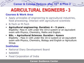 AGRICULTURAL ENGINEERS - 3 Career & Course Options after 10 TH  & Plus 2 Courses & Work Area Apply principles of engineering to agricultural industries, food processing; Interact with agricultural scientists B.Tech or M.Tech Agricultural engineering. Duration: 4 – 5 years .  Eligibility: Pass in 12th under the 10+2 system or an equivalent exam with Physics, Chemistry, Maths and English. BSc. – Agricultural Sciences. Duration : 4years Eligibility : Pass in 12th under the 10+2 system or an equivalent exam with Physics, Chemistry, Biology and English or Agriculture Group. Institutes National Diary Development Board NABARD Food Corporation of India Career Guidance Center 