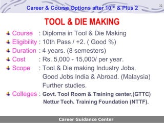 TOOL & DIE MAKING Course   : Diploma in Tool & Die Making Eligibility   : 10th Pass / +2. ( Good %) Duration  : 4 years. (8 semesters) Cost   : Rs. 5,000 - 15,000/ per year.  Scope  : Tool & Die making Industry Jobs.   Good Jobs India & Abroad. (Malaysia)    Further studies. Colleges :  Govt. Tool Room & Training center,(GTTC)    Nettur Tech. Training Foundation (NTTF). Career & Course Options after 10 TH  & Plus 2 Career Guidance Center 