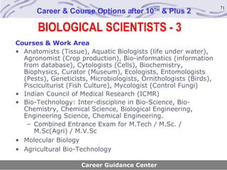 BIOLOGICAL SCIENTISTS - 3 Career & Course Options after 10 TH  & Plus 2 Courses & Work Area Anatomists (Tissue), Aquatic Biologists (life under water), Agronomist (Crop production), Bio-informatics (information from database), Cytologists (Cells), Biochemistry, Biophysics, Curator (Museum), Ecologists, Entomologists (Pests), Geneticists, Microbiologists, Ornithologists (Birds), Pisciculturist (Fish Culture), Mycologist (Control Fungi) Indian Council of Medical Research (ICMR) Bio-Technology: Inter-discipline in Bio-Science, Bio-Chemistry, Chemical Science, Biological Engineering, Engineering Science, Chemical Engineering. Combined Entrance Exam for M.Tech / M.Sc. / M.Sc(Agri) / M.V.Sc Molecular Biology Agricultural Bio-Technology Career Guidance Center 