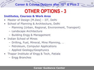 OTHER OPTIONS - 3 Career & Course Options after 10 TH  & Plus 2 Career Guidance Center Institutes, Courses & Work Area Master of Design [M.Des] – IIT, Delhi School of Planning & Architecture, Delhi Planning (Urban, Regional, Environment, Transport) Landscape Architecture Building Engg & Management Indian School of Mines Drilling, Fuel, Mineral, Mine Planning, … Petroleum, Computer Applications Applied Geology/Geophysics Thapar Institute of Engg & Tech, Patiala Engg Branches 