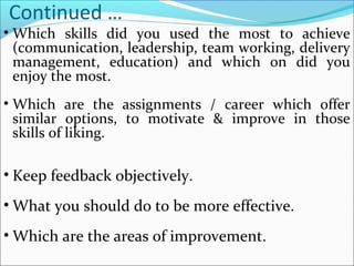 Continued …
• Which skills did you used the most to achieve
(communication, leadership, team working, delivery
management, education) and which on did you
enjoy the most.
• Which are the assignments / career which offer
similar options, to motivate & improve in those
skills of liking.
• Keep feedback objectively.
• What you should do to be more effective.
• Which are the areas of improvement.
 