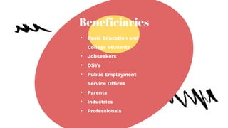 Beneficiaries
• Basic Education and
College Students
• Jobseekers
• OSYs
• Public Employment
Service Offices
• Parents
• Industries
• Professionals
 