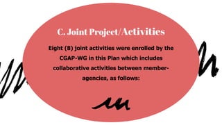 C. Joint Project/Activities
Eight (8) joint activities were enrolled by the
CGAP-WG in this Plan which includes
collaborative activities between member-
agencies, as follows:
 
