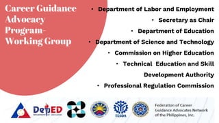 Career Guidance
Advocacy
Program-
Working Group
• Department of Labor and Employment
• Secretary as Chair
• Department of Education
• Department of Science and Technology
• Commission on Higher Education
• Technical Education and Skill
Development Authority
• Professional Regulation Commission
 