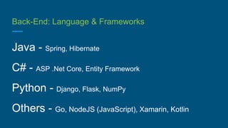 Back-End: Language & Frameworks
Java - Spring, Hibernate
C# - ASP .Net Core, Entity Framework
Python - Django, Flask, NumP...