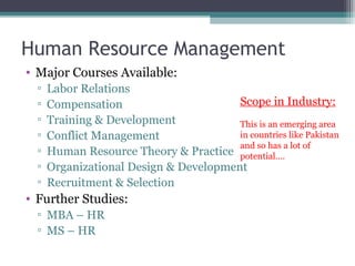 Human Resource Management 
• Major Courses Available: 
▫ Labor Relations 
▫ Compensation 
▫ Training & Development 
▫ Conflict Management 
▫ Human Resource Theory & Practice 
▫ Organizational Design & Development 
▫ Recruitment & Selection 
• Further Studies: 
▫ MBA – HR 
▫ MS – HR 
Scope in Industry: 
This is an emerging area 
in countries like Pakistan 
and so has a lot of 
potential…. 
 