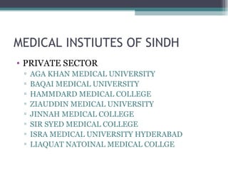 MEDICAL INSTIUTES OF SINDH 
• PRIVATE SECTOR 
▫ AGA KHAN MEDICAL UNIVERSITY 
▫ BAQAI MEDICAL UNIVERSITY 
▫ HAMMDARD MEDICAL COLLEGE 
▫ ZIAUDDIN MEDICAL UNIVERSITY 
▫ JINNAH MEDICAL COLLEGE 
▫ SIR SYED MEDICAL COLLEGE 
▫ ISRA MEDICAL UNIVERSITY HYDERABAD 
▫ LIAQUAT NATOINAL MEDICAL COLLGE 
 