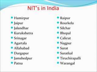 NIT’s in India
Hamirpur               Raipur
Jaipur                 Rourkela
Jalandhar              Silchar
Kurukshetra            Bhopal
Srinagar               Calicut
Agartala               Nagpur
Allahabad              Surat
Durgapur               Suratkal
Jamshedpur             Tiruchirapalli
Patna                  Warangal
 
