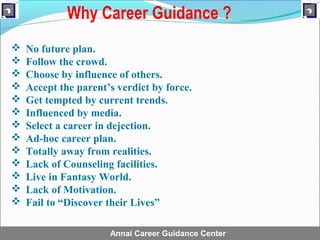 Why Career Guidance ?
   No future plan.
   Follow the crowd.
   Choose by influence of others.
   Accept the parent’s verdict by force.
   Get tempted by current trends.
   Influenced by media.
   Select a career in dejection.
   Ad-hoc career plan.
   Totally away from realities.
   Lack of Counseling facilities.
   Live in Fantasy World.
   Lack of Motivation.
   Fail to “Discover their Lives”

                      Annai Career Guidance Center
 