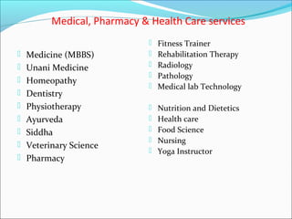 Medical, Pharmacy & Health Care services
                               Fitness Trainer
 Medicine (MBBS)              Rehabilitation Therapy
 Unani Medicine               Radiology
 Homeopathy
                               Pathology
                               Medical lab Technology
 Dentistry
 Physiotherapy                Nutrition and Dietetics
 Ayurveda                     Health care
 Siddha                       Food Science
 Veterinary Science
                               Nursing
                               Yoga Instructor
 Pharmacy
 