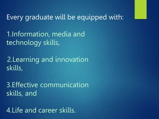 Every graduate will be equipped with:
1.Information, media and
technology skills,
2.Learning and innovation
skills,
3.Effective communication
skills, and
4.Life and career skills.
 