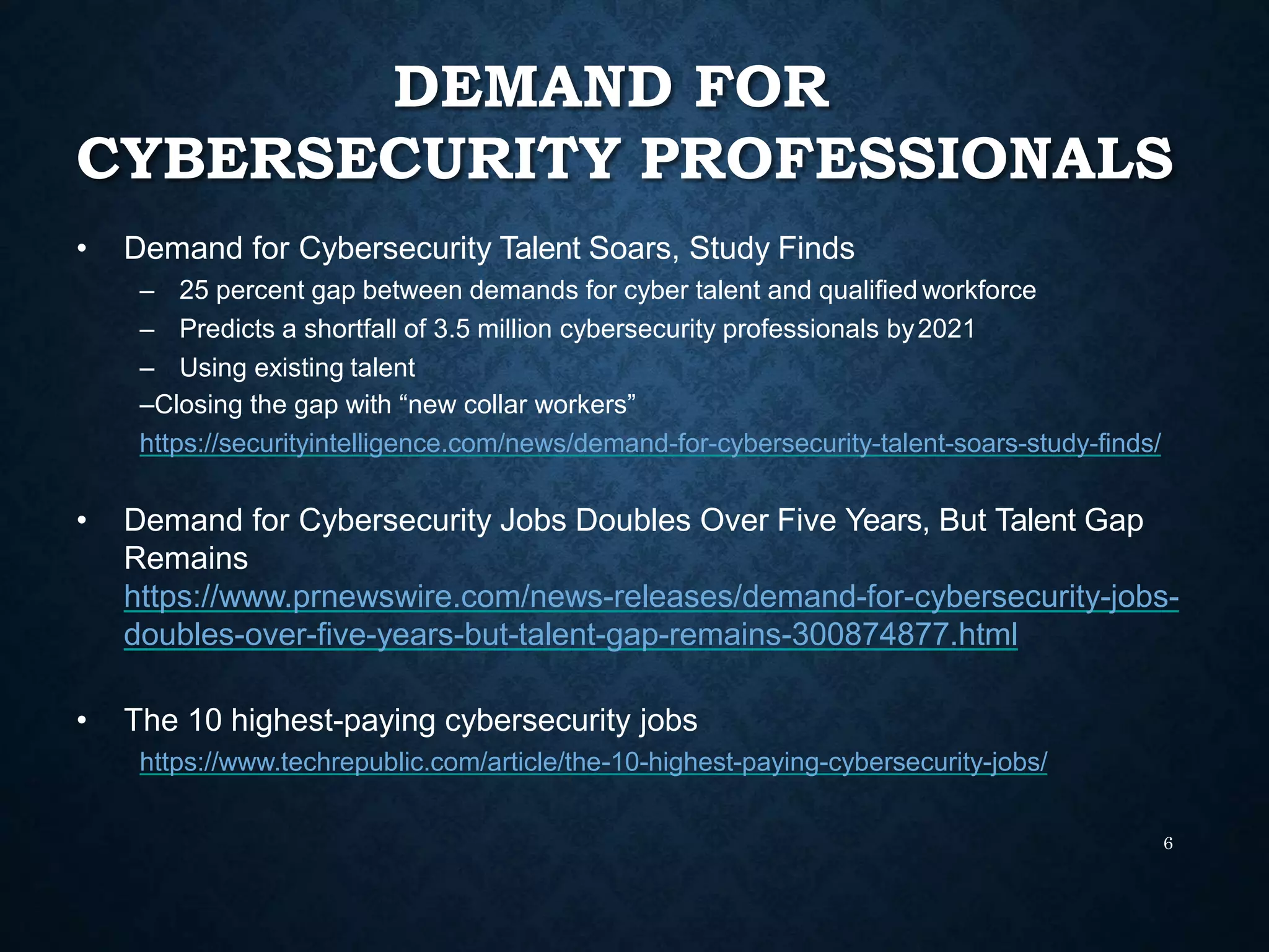 DEMAND FOR
CYBERSECURITY PROFESSIONALS
6
• Demand for Cybersecurity Talent Soars, Study Finds
– 25 percent gap between demands for cyber talent and qualified workforce
– Predicts a shortfall of 3.5 million cybersecurity professionals by2021
– Using existing talent
–Closing the gap with “new collar workers”
https://securityintelligence.com/news/demand-for-cybersecurity-talent-soars-study-finds/
• Demand for Cybersecurity Jobs Doubles Over Five Years, But Talent Gap
Remains
https://www.prnewswire.com/news-releases/demand-for-cybersecurity-jobs-
doubles-over-five-years-but-talent-gap-remains-300874877.html
• The 10 highest-paying cybersecurity jobs
https://www.techrepublic.com/article/the-10-highest-paying-cybersecurity-jobs/
 