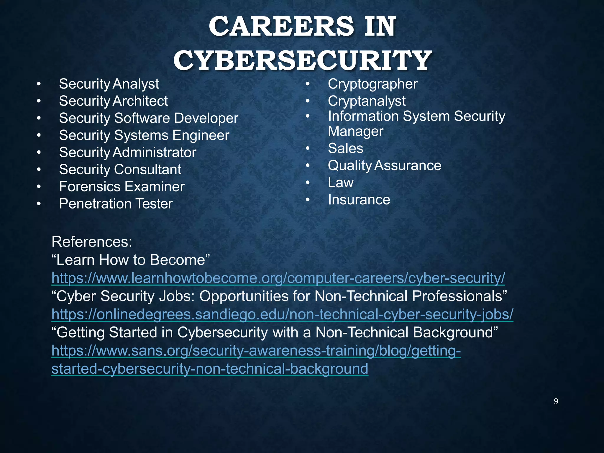 CAREERS IN
CYBERSECURITY
9
• SecurityAnalyst
• SecurityArchitect
• Security Software Developer
• Security Systems Engineer
• SecurityAdministrator
• Security Consultant
• Forensics Examiner
• Penetration Tester
• Cryptographer
• Cryptanalyst
• Information System Security
Manager
• Sales
• QualityAssurance
• Law
• Insurance
References:
“Learn How to Become”
https://www.learnhowtobecome.org/computer-careers/cyber-security/
“Cyber Security Jobs: Opportunities for Non-Technical Professionals”
https://onlinedegrees.sandiego.edu/non-technical-cyber-security-jobs/
“Getting Started in Cybersecurity with a Non-Technical Background”
https://www.sans.org/security-awareness-training/blog/getting-
started-cybersecurity-non-technical-background
 