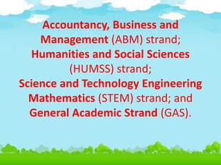 Accountancy, Business and
Management (ABM) strand;
Humanities and Social Sciences
(HUMSS) strand;
Science and Technology Engineering
Mathematics (STEM) strand; and
General Academic Strand (GAS).
 