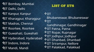 LIST OF IITS

IIT Bombay, Mumbai

IIT Delhi, Delhi

IIT Kanpur, Kanpur

IIT Kharagpur, Kharagpur

IIT Madras, Chennai

IIT Roorkee, Roorkee

IIT Guwahati, Guwahati

IIT Hyderabad, Hyderabad

IIT Indore, Indore

IIT Mandi, Mandi
IIT
Bhubaneswar, Bhubaneswar
IIT
Gandhinagar, Gandhinagar
IIT Patna, Patna
IIT Ropar, Rupnagar
IIT Jodhpur, Jodhpur
IIT Dhanbad, Dhanbad
IIT Srirampur, Nellore
IIT Palakkad, Palakkad
 