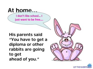 At home…
His parents said
“You have to get a
diploma or other
rabbits are going
to get
ahead of you.”
I don’t like school… I
just want to be free….
 