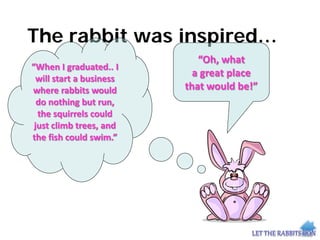 The rabbit was inspired…
“When I graduated.. I
will start a business
where rabbits would
do nothing but run,
the squirrels could
just climb trees, and
the fish could swim.”
“Oh, what
a great place
that would be!”
 