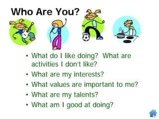 Who Are You?
• What do I like doing? What are
activities I don’t like?
• What are my interests?
• What values are important to me?
• What are my talents?
• What am I good at doing?
 