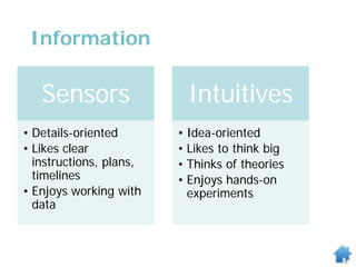 Sensors
• Details-oriented
• Likes clear
instructions, plans,
timelines
• Enjoys working with
data
Intuitives
• Idea-oriented
• Likes to think big
• Thinks of theories
• Enjoys hands-on
experiments
Information
 