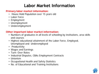 Labor Market Information
Primary labor market information:
• House Hold Population over 15 years old
• Labor Force
• Employment
• Unemployment
• Underemployment
Other important labor market information:
• Numbers of graduates in all levels of schooling by institutions, area skills
and courses
• Highest educational attainment of the Labor Force, Employed,
Unemployed and Underemployed
• Productivity
• Wages and Earnings
• Turn- Over Rates
• Industrial Disputes, CBAs Employment Contracts
• Unionism
• Occupational Health and Safety Statistics
• No. of Educational and Training Institutions
 