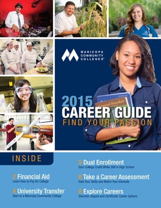 F I N D Y O U R P A S S I O N
2015
CAREER GUIDE
2 Financial Aid
Learn How to Pay for College
4 University Transfer
Start at a Maricopa Community College
5 Dual Enrollment
Earn College Credit While Still in High School
6 Take a Career Assessment
Rate Your Skills and Match Your Interests
8 Explore Careers
Discover Degree and Certificate Career Options
I N S I D E
 