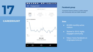 CAREERHUNT
17
Facebook group
“Computer Science Careers” is India’s largest
tech community with over 200K members.
Stats
● 82,000 monthly active
visitors
● Started in 2010, highly
engaged community
● https://www.facebook.co
m/groups/core.cs/
 