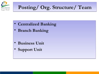Posting/ Org. Structure/ TeamPosting/ Org. Structure/ Team
• Centralized Banking
• Branch Banking
• Business Unit
• Support Unit
• Centralized Banking
• Branch Banking
• Business Unit
• Support Unit
 