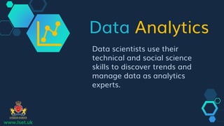 Data Analytics
Data scientists use their
technical and social science
skills to discover trends and
manage data as analyti...